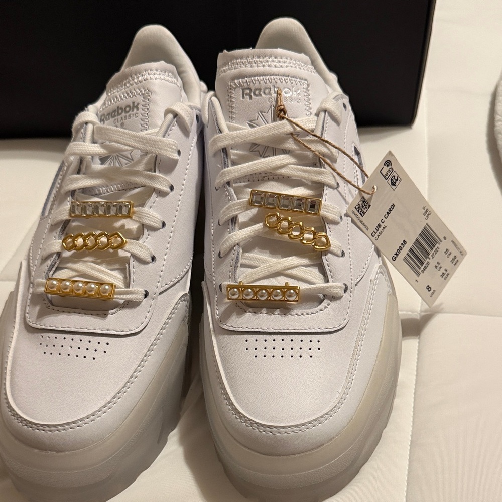Cardi B Reebok White Platform Sneakers with Gold Lace Charms Club C